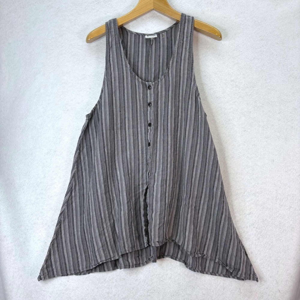 Habitat Grey Striped Button Front Linen Tank Top Women XL Lagenlook Boho Coastal
